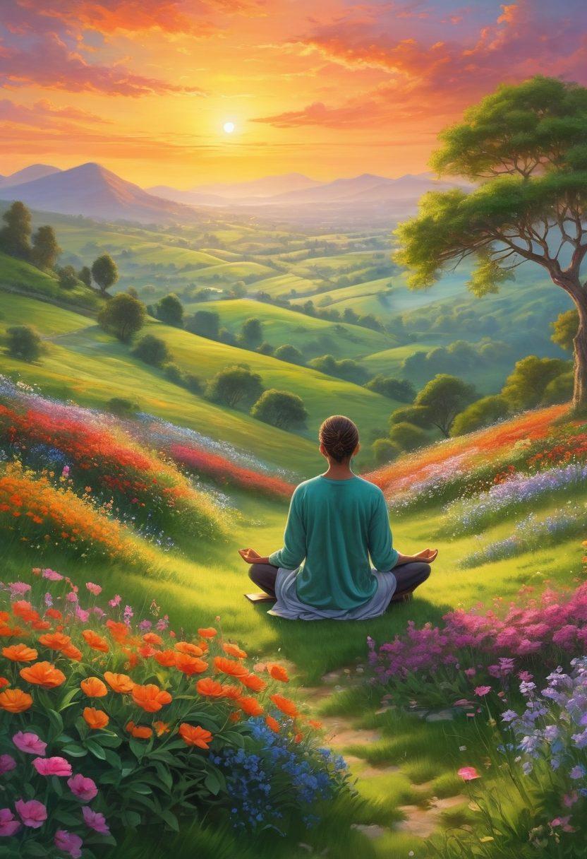A serene scene depicting a person meditating on a lush green hill, surrounded by blooming flowers and a vibrant sunset in the background. Elements like a steaming cup of herbal tea and an open journal with a pen are placed nearby, symbolizing self-care practices. Soft rays of sunlight cascade down, creating a blissful atmosphere. The overall mood exudes tranquility and contentment. super-realistic. vibrant colors. peaceful ambiance.