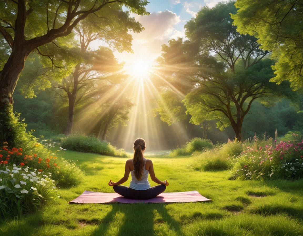 A serene landscape filled with flourishing nature, showcasing a bright sun shining through lush green trees, a radiant rainbow arching in the background, and people practicing yoga in harmony with their environment. Include symbols of positive thinking like lightbulbs and hearts subtly integrated into the scenery. Emphasize vibrant colors and a feeling of tranquility. super-realistic. vibrant colors. peaceful atmosphere.