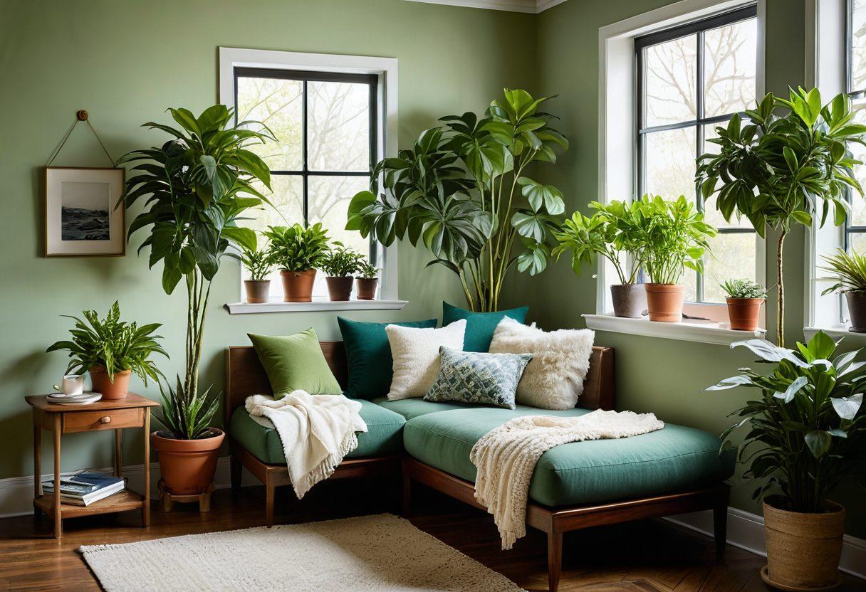 A serene and inviting image of a calm, sunlit room filled with houseplants, a cozy reading nook with an open book, soft cushions, and a steaming cup of tea. A hint of personal growth is depicted through a small potted plant growing towards the light. The atmosphere radiates warmth, tranquility, and balance, symbolizing self-care and well-being. super-realistic. vibrant colors. cozy ambiance.